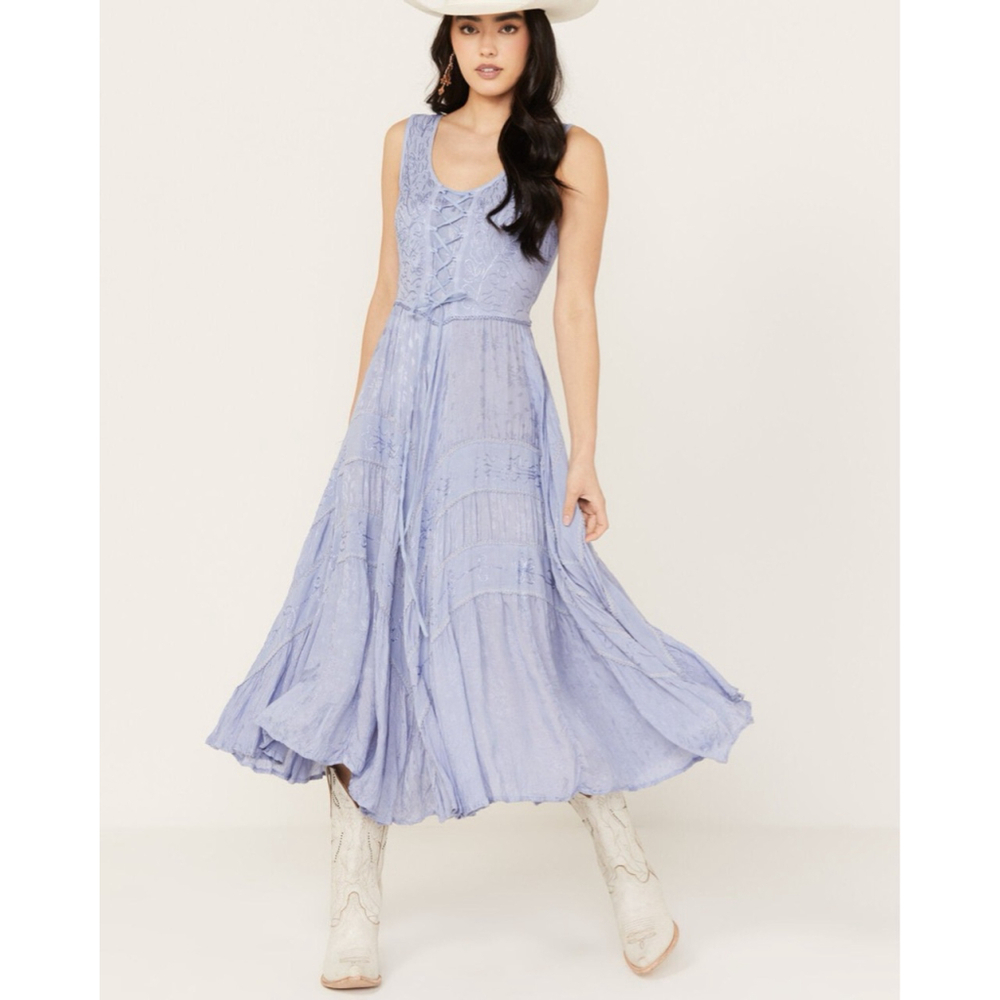Scully Lace Up Jacquard Midi Dress Size XS Women's Blue Embroidered Tie Western